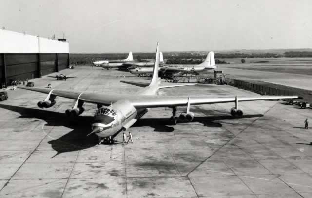 Convair YB-60 at Convair plant with B-36 aircraft in the background