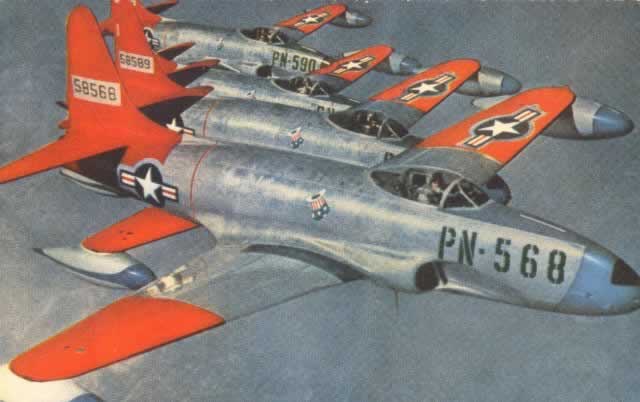 Flight of P-80 Shooting Star jet fighters, with S/N 58568, Buzz Number PN-568, in the foreground