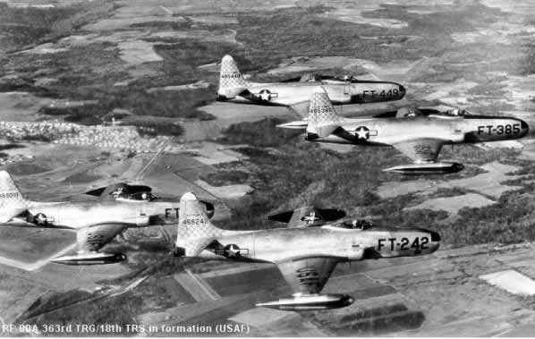 Air Force RF-80 aircraft in formation, Buzz Number FT-242 in front 