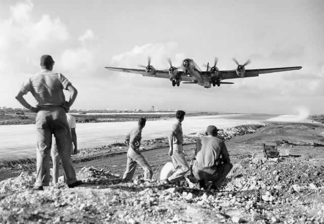 Boeing B-29 Superfortress landing during World War II 