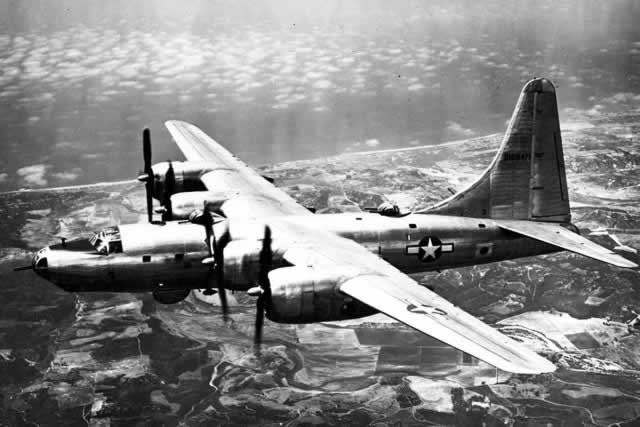 Consolidated B-32 Dominator in flight (Air Force archives)