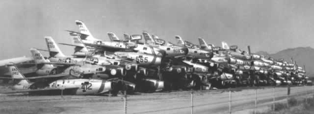 Stacks of Republic F-84F Thunderstreaks at Davis-Monthan AFB awaiting scrapping at AMARC in November, 1958