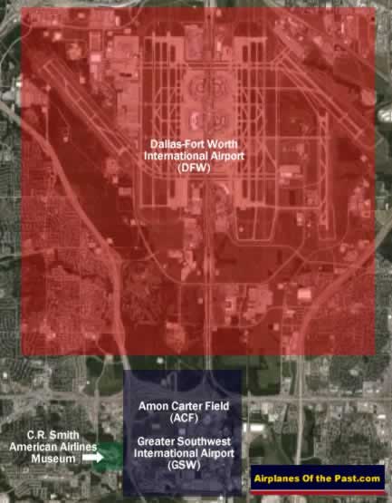 Map of the location of Amon Carter Field, the Greater Southwest International Airport, and DFW Airport