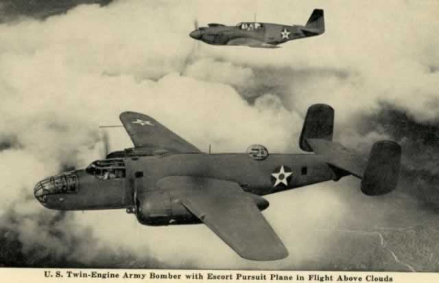 B-25 Mitchell with escort ... historic picture postcard 