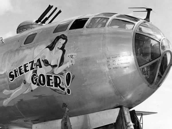 Nose art on B-29 Superfortress "Sheeza Goer!"