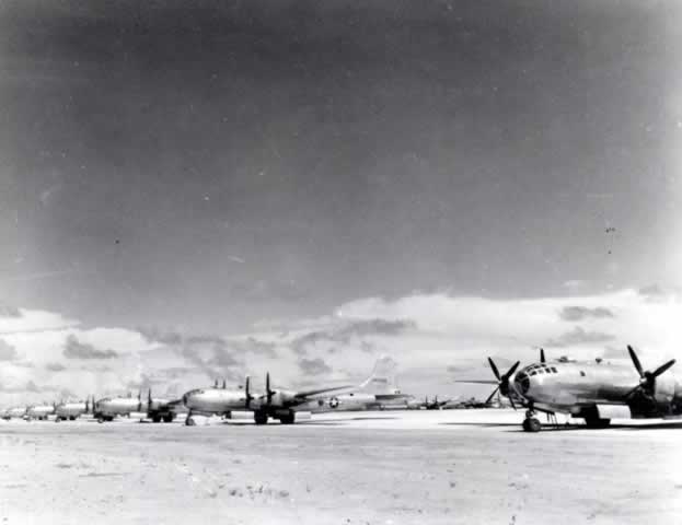 Boeing B-29s parked on the tarmac during WWII