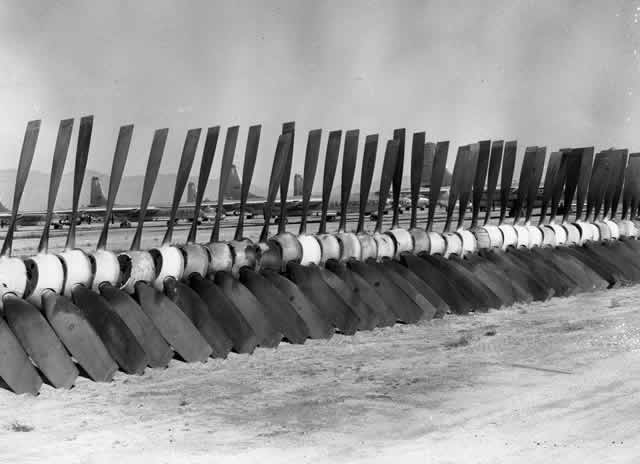 Row of propellers removed from Convair B-36 Peacemakers during the scrapping process at Davis-Monthan Air Force Base