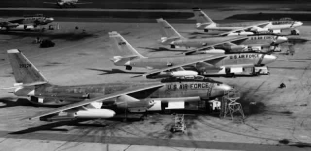 Boeing B-47 Stratojets parked on the apron