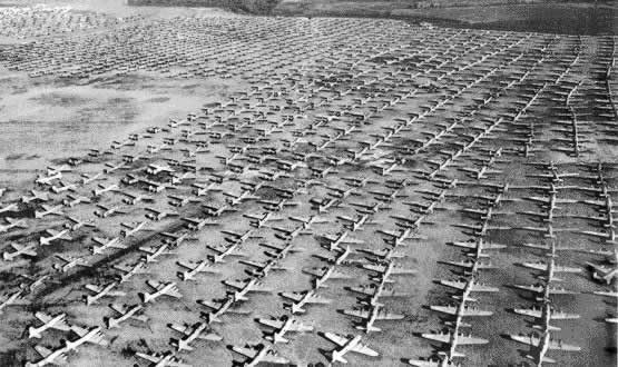 Aerial view of military aircraft in storage in 1946 