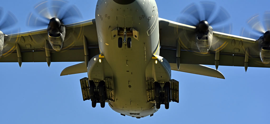 View of the landing gear and under fuselage of an Airbus A400M Atlas