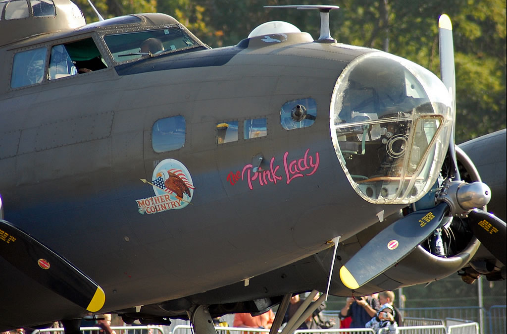 B-17G Flying Fortress S/N 44-8846 with its "The Pink Lady" and "Mother Country" nose art at Auxerre Branches in 2008