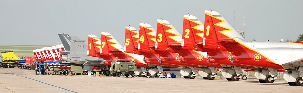 Aircraft of several European aerial demonstration teams parked on the tarmac