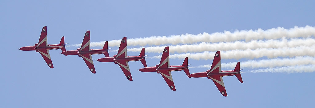 Royal Air Force Red Arrows performing at an air show at Rochefort, France