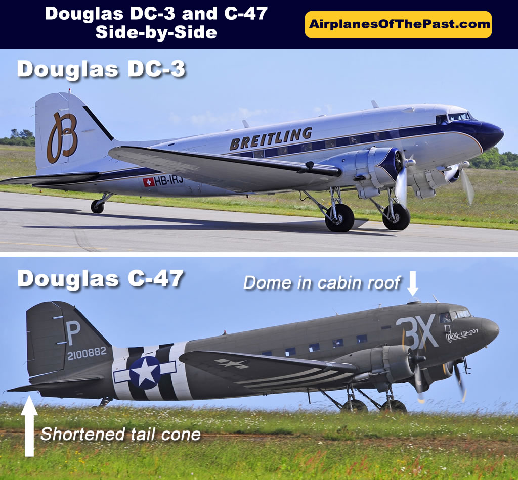 Douglas DC-3 and C-47 side-by-side comparison of differences