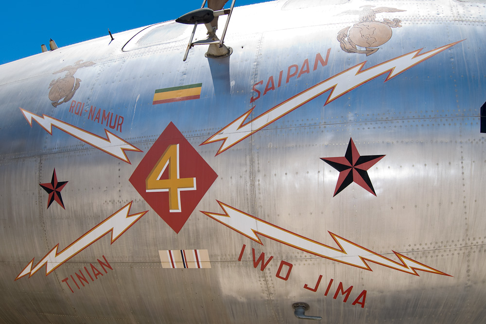 Close-up view of the 4MARNAV nose art on the B-29 Superfortress