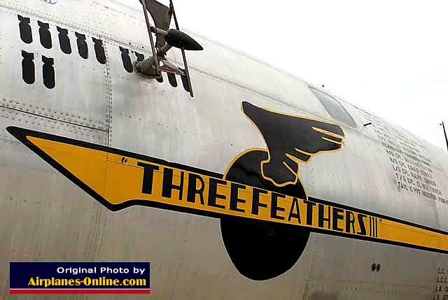 Nose art on the B-29 Superfortress 44-61669 ... "Three Feathers" ... March Field Air Museum in California