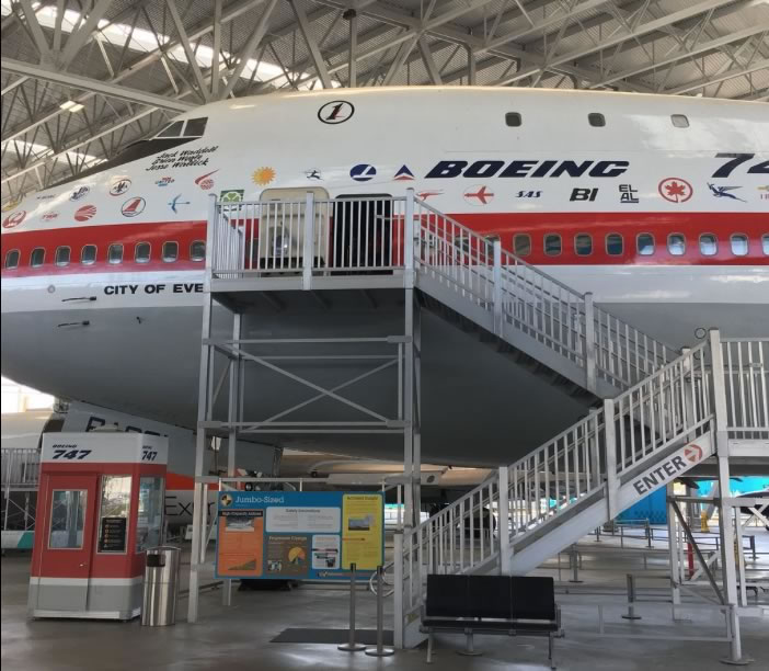 The first Boeing 747, "The City of Everett", restored and on display in the covered Aviation Pavilion