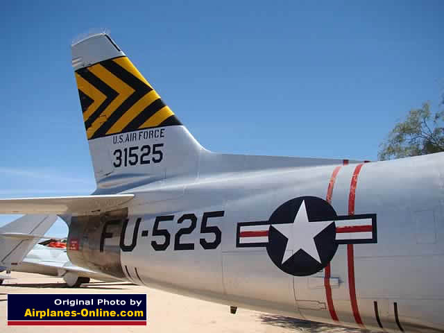 Close-up of the tail section of the North American F-86H S/N 31525, Buzz Number FU-525