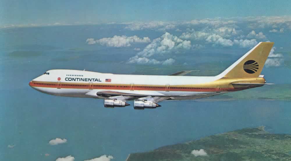 Continental Airlines Boeing 747 in flight (circa 1970)