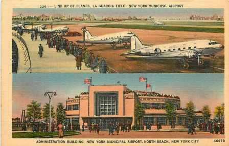 Line up of DC-3 airliners at LaGuardia Field, New York Municipal Airport