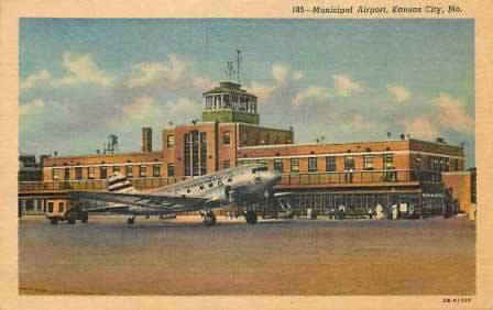 vintage postcard showing DC-3 airliner parked in front of Municipal Airport, Kansas City, Missouri