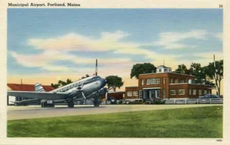 Vintage postcard showing DC-3 airliner parked in front of Municipal Airport in Portland, Maine