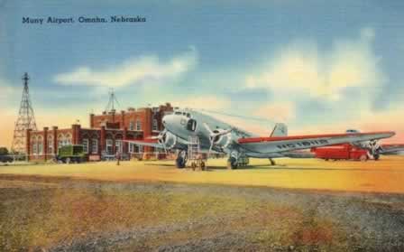 DC-3 airliner parked in front of Muny Airport, Omaha, Nebraska