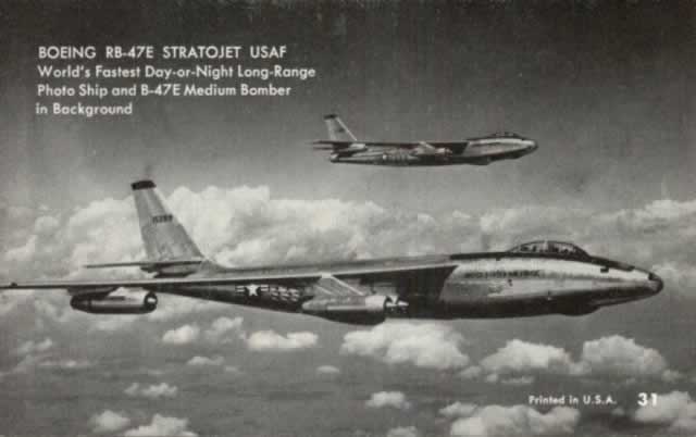 Boeing RB-47E, with B-47E in the background, in flight ... world's fastest day-or-night long-range bomber
