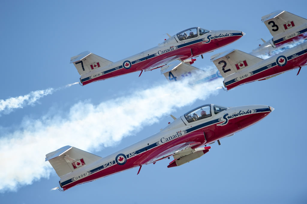 Snowbirds of the Royal Canadian Air Force demonstration team flying in formation