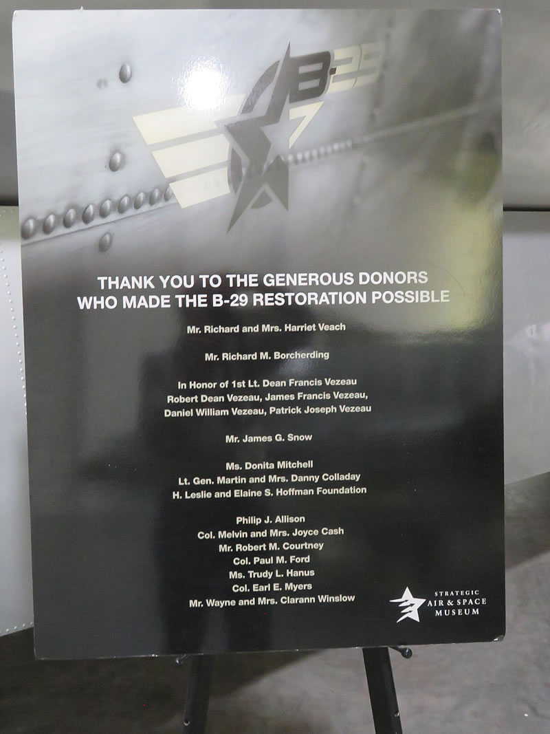 List of donors who made the B-29 restoration project possible at the Strategic Air Command & Space Museum