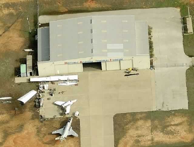 Aerial view of the restoration hangar at Pounds Airport