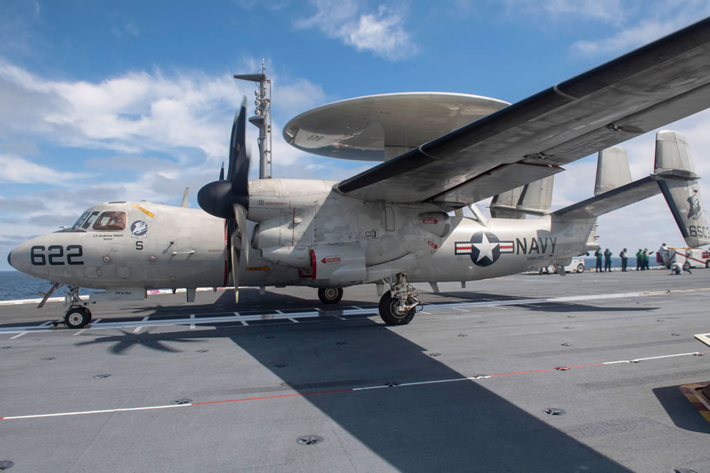 Navy E-2C Hawkeye preparing for takeoff from the USS Gerald Ford