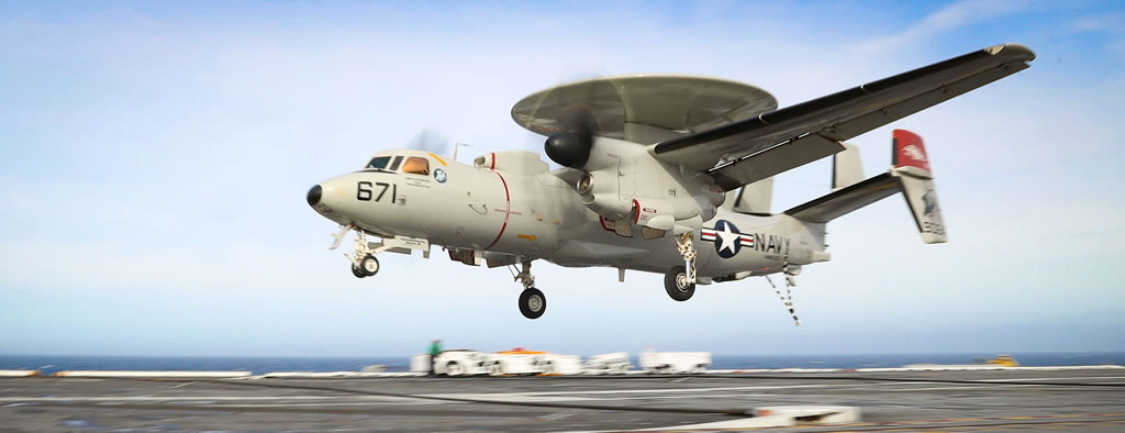 U.S. Navy E-2D Hawkeye during carrier landing on the USS Abraham Lincoln