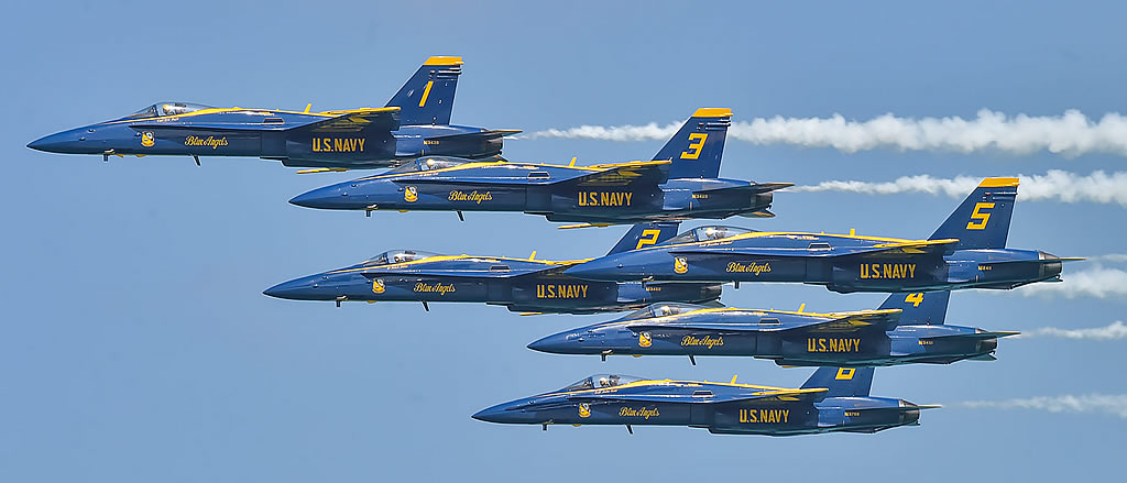 U.S. Navy Blue Angels in-flight performance in their F/A-18 Hornets