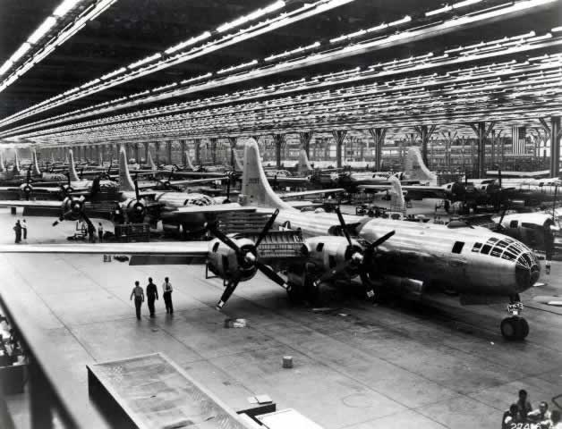 Boeing Wichita Plant, inside view of B-29s on the assembly line